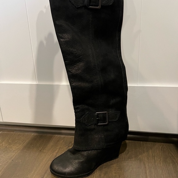 Vince Camuto black wedge leather knee high boots - Picture 2 of 5